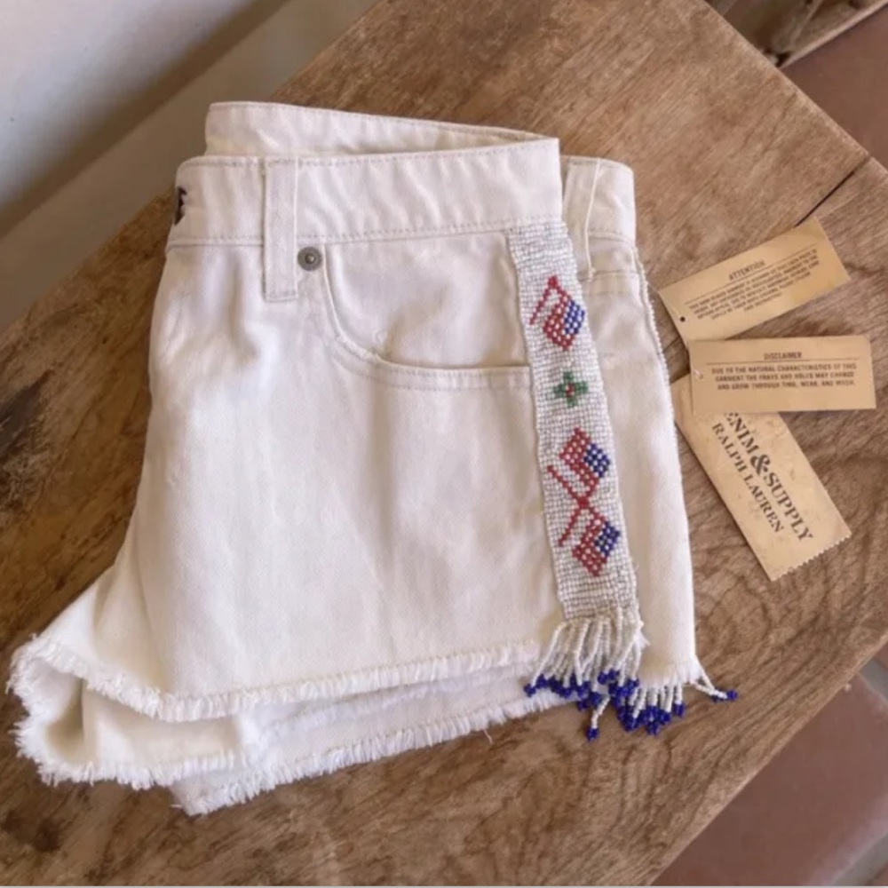 RALPH LAUREN Beaded USA American Flag Cross Fringed White Denim Shorts 24 NEW!